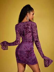 INAWLY Vestido mini sexy de moda de manga larga con cuello de corazón y estampado floral para mujer - Morado - Ver 3