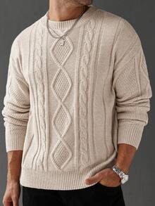 Manfinity Homme 男士休闲宽松针织毛衣，麻花图案，圆领，落肩，长袖，适合秋季穿着。男士毛衣，针织衫，麻花针织毛衣，男士套头毛衣。 - 杏色 - 查看 5