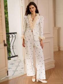Penseblé Women's Suit Set, Contrast Color Design, Floral & Bow Print - Black and White - View 7