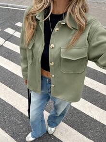 Serisse 女士纯色落肩长袖工装口袋休闲针织外套，秋冬，女士春秋季休闲纽扣，口袋落肩领常规版型绿色纯色女士大衣，休闲日常穿着 - 綠色 - 查看 7