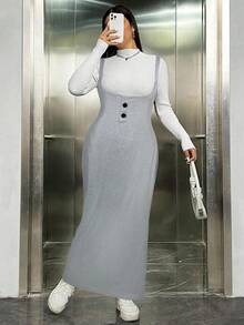 SHEIN EZwear 大码浅灰色无袖纯色修身休闲连衣裙 - 淺灰色 - 查看 1