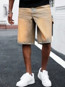 Manfinity Roghcode Men's Loose Fit Cargo Pocket Drawstring Waist Denim Bermuda Shorts Boyfriend & Husband Vintage Washed Loose Wide Leg For Street Denim Shorts - Yellow - View 6