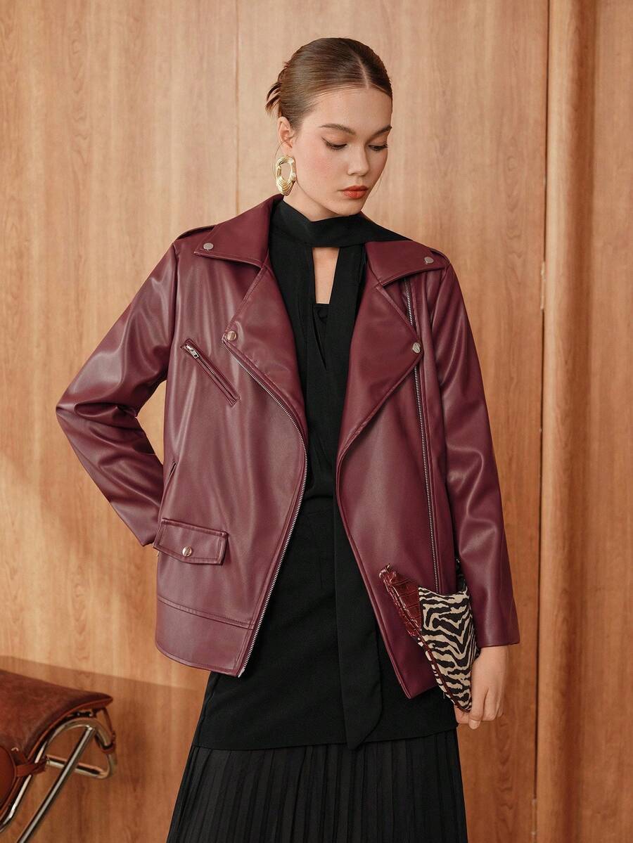 SHEIN Unity Women's PU Leather Lapel Collar Loose Jacket - Burgundy - View 1