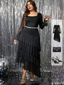 Ellevyn Curvy Plus Size 女式黑色高弹力网眼方领长袖喇叭袖收腰修身多层下摆优雅长裙 - 黑色 - 查看 10