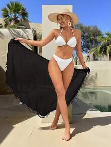 SHEIN Swim Summer Beach Tassel Knot Side Cover Up Skirt
