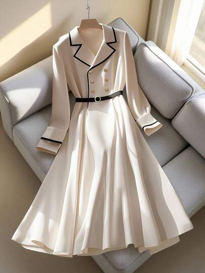 SHEIN Franclia 通勤时尚百搭束腰双排扣金属纽扣撞色饰边卡其色西装连衣裙，优雅的秋季女士商务休闲装