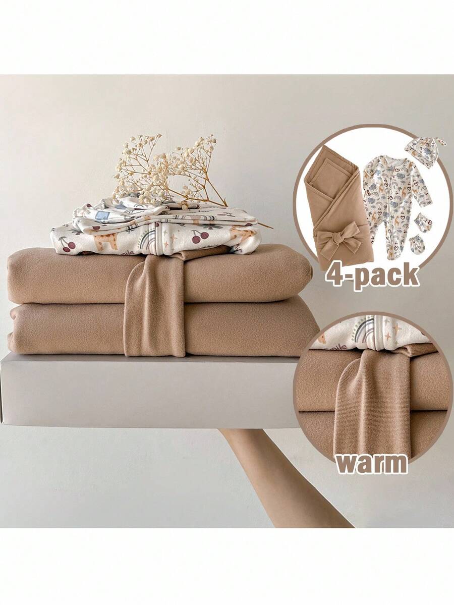 Loomiva طقم ملابس مريح للرضيع صبي/بنت (جمبسوت + قفازات + قبعة + بطانية لف الرضيع + لف الرضيع) للخريف والشتاء - متعدد الألوان - مشاهدة 1