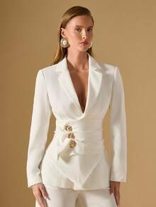 Briarwyn Áo khoác Blazer nữ màu trơn thanh lịch, thắt eo, thích hợp khi đi làm - trắng - Xem 4