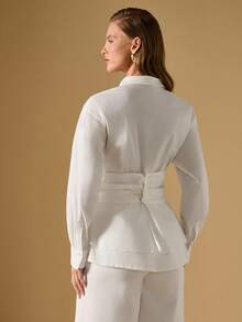 Briarwyn 女士休闲纯色褶腰长袖衬衫 - 白色 - 查看 3