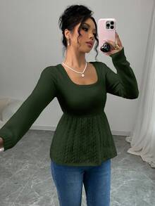 Elenzga Women's Casual Solid Color Waist Cinched Sweater - Green - View 5