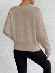 EMERY ROSE 白色V领休闲柔软针织毛衣，长袖套头衫，秋冬 - 杏色 - 查看 2