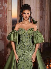 Glamrae Elegant Multi-Color Grass Green Luxurious 3D Beaded Sequined Tube Top Mesh Fishtail Evening Dress With Detachable Lantern Sleeves For Weddings,Parties - Olive Green - View 3