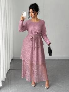 Elenzga Plus Size Women Elegant Round Neck Lace Long Sleeve Commuter Dress Fall Cloth For Women - Pink - View 1