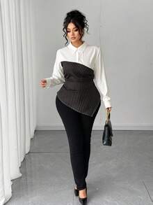 Elenzga Plus Size Women Solid Color Patchwork Long Sleeve Casual Shirt, Pleated Asymmetric Hem Autumn Blouse, Elegant/Office/Date Wear, Two Pieces Striped Shirt. Long Sleeve Shirt For Autumn Fall Cloth For Women
