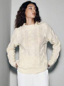 Lumivelle Women's Elegant Crew Neck Cable Knit Long Sleeve Sweater, Autumn/Winter - Apricot - View 3