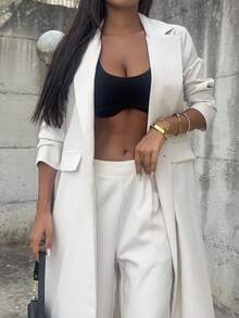 Ronhire 深灰色翻领宽肩带女士长款西装裤套装