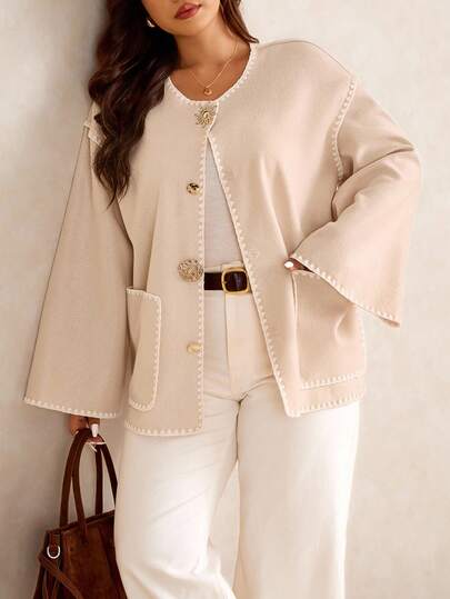 Elaquor Plus Size Women Floral Trim Round Neck Loose Long Sleeve Woolen Coat, Autumn/Winter Nude Jacket Women Fall