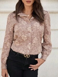 EMERY ROSE Blusa elegante de manga larga con abotonadura sencilla y estampado floral jacquard, para otoño - Caqui - Ver 6