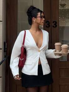 SHEIN EZwear Áo khoác Blazer tay loe cổ chữ V, eo bó mới dành cho nữ, màu trắng, mùa thu/đông - trắng - Xem 5
