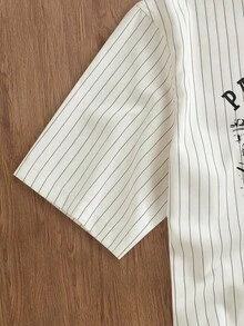 Manfinity Unisex Men's Woven Short Sleeve Vertical Striped Letter Print Fashionable Shirt, Couple Things