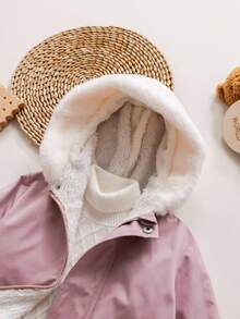 SHEIN Babygirl 可爱粉色兔毛领连帽外套，秋冬 - 粉色 - 查看 3