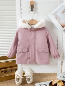 SHEIN Babygirl 可爱粉色兔毛领连帽外套，秋冬 - 粉色 - 查看 8