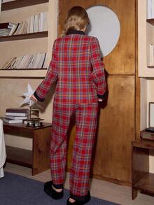 SweetSlumber 女士撞色V领格子长袖上衣和裤子休闲睡衣套装，秋季睡衣，女士格子睡衣，圣诞节 - 彩色 - 查看 2