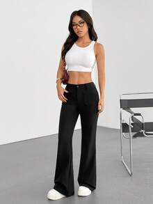 Flirla Petite 1 件女士黑色针织弹力面料低腰修身喇叭裤，通勤休闲装，春秋季 - 黑色 - 查看 5