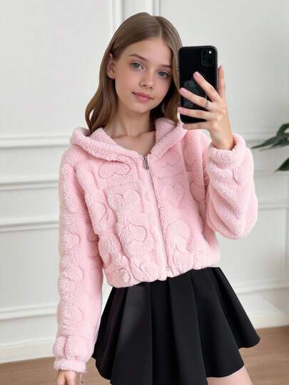 SHEIN 青少年女孩休闲纯粉色心形图案蓬松短款连帽夹克，适合秋冬休闲日常穿着，粉色毛绒夹克，少女夹克，毛绒夹克，连帽泰迪熊夹克，可爱冬季夹克