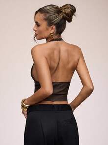 SHEIN BAE Áo ba lỗ hở lưng cổ yếm màu trơn thời trang cho nữ - màu nâu - Xem 2