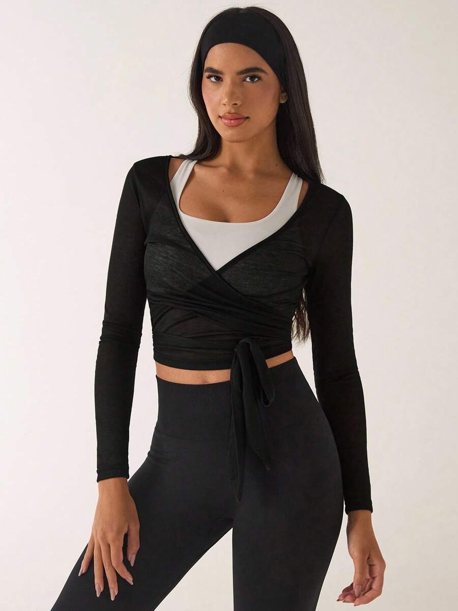 SHEIN BAE Áo thun nữ tay dài thắt nơ họa tiết đục lỗ, thể thao & đa năng cho mọi mùa - màu đen - Xem 1