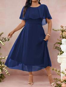 Cravure 女士加大码圆领宽松纯色优雅长款雪纺连衣裙夏季女装春装优雅正式女装婚礼女装婚礼宾客