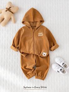 Cozy Pixies 2pcs Baby Boy Cartoon Bear Hooded Long Sleeve Pullover Jacket And Elastic Waist Long Pants Set Fall Winter - Brown - View 4
