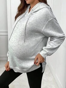 SHEIN Fall Clothes,Autumn Clothes,Maternity Autumn/Winter Clothes Pregnant Women's Solid Color Hooded Drawstring Drop Shoulder Long Sleeve Casual Split Hem Sweatshirt - Light Grey - View 4