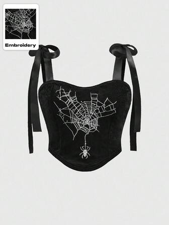 Goth Plus Size Gothic Palace Style Women's Spider Embroidery & Rhinestone Square Neck Lace-Up Camisole Top, Halloween