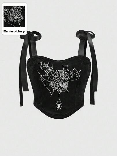 Goth Blusa de encaje con cuello cuadrado, bordado de araña y aplicaciones de rhinestone, estilo gótico palaciego para mujer de talla grande, Halloween