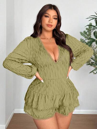 Elenzga 加大码性感纯色深V领连体衣