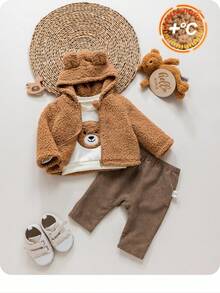 3 件套新生女婴可爱百搭运动衫、毛绒夹克和裤子套装，秋冬 - 彩色 - 查看 3
