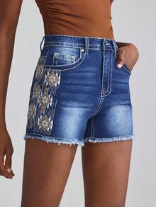 Slaydiva Casual Versatile Embroidered Distressed Denim Shorts For Women - Blue - View 5
