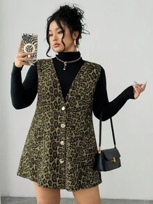 Elenzga 大码女式V领无袖豹纹连衣裙，秋冬 - 綠色 - 查看 1
