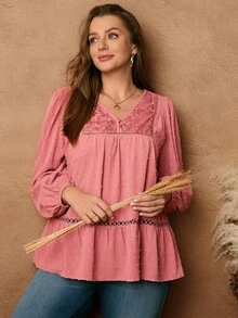 Rosumi Blusa holgada de talla grande para mujer con mangas de farol, bordado hueco y dobladillo con volantes - Rosa coral - Ver 6
