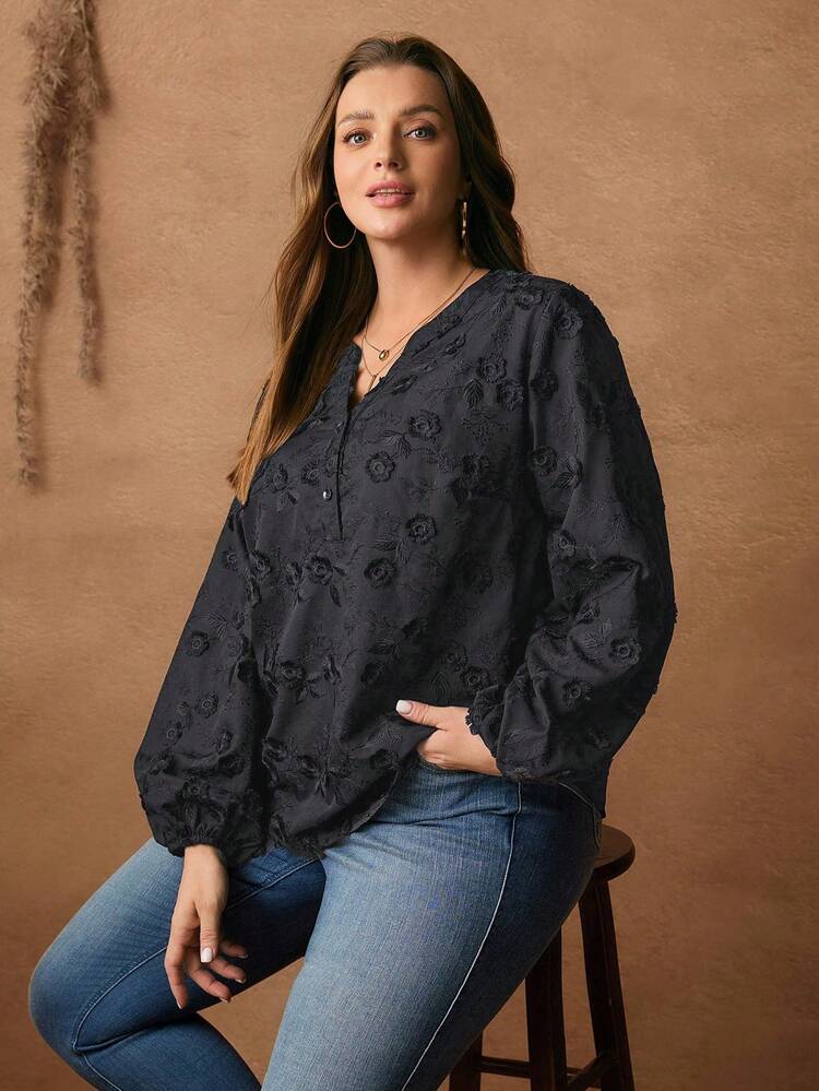 Plus Size Floral Embroidery Casual Vacation Shirt,Black Tops, Winter Clothes For Women, Christmas,Black Tops,Plus Size Winter Clothes Elegant Casual