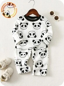 SHEIN 2件套男婴保暖熊猫图案卫衣和裤子睡衣套装，舒适时尚，适合日常休闲穿着，秋冬季宝宝熊猫睡衣，婴儿抓绒睡衣，婴儿睡衣套装，熊猫宝宝服装秋季款 - 白色 - 查看 3