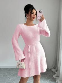 Elenzga Váy len tay loe dáng chữ A cổ tròn chất liệu lông cừu mềm mại, thắt eo cho nữ - Hồng - Xem 6