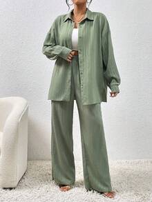 EMERY ROSE 秋季新款纹理面料休闲落肩开衩衬衫搭配实用侧袋阔腿裤女装两件套 - 綠色 - 查看 3