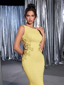 Glamrae Váy suông đuôi cá thêu hoa 3D cổ thuyền màu hồng sen thanh lịch, eo trong suốt, viền đuôi cá, thích hợp cho các buổi hẹn hò, tiệc độc thân, lễ tốt nghiệp, đám cưới, dạ tiệc trang trọng - Màu vàng - Xem 4