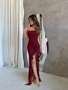 Jemour 夏季海滩度假约会淡黄色露肩褶皱高开叉荷叶边 3D 花卉装饰性感优雅甜美淑女连衣裙 - 酒紅色 - 查看 5