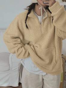 Áo nỉ chui đầu cổ đứng thời trang sang trọng dành cho nữ có khóa kéo nửa - Màu Khaki - Xem 1