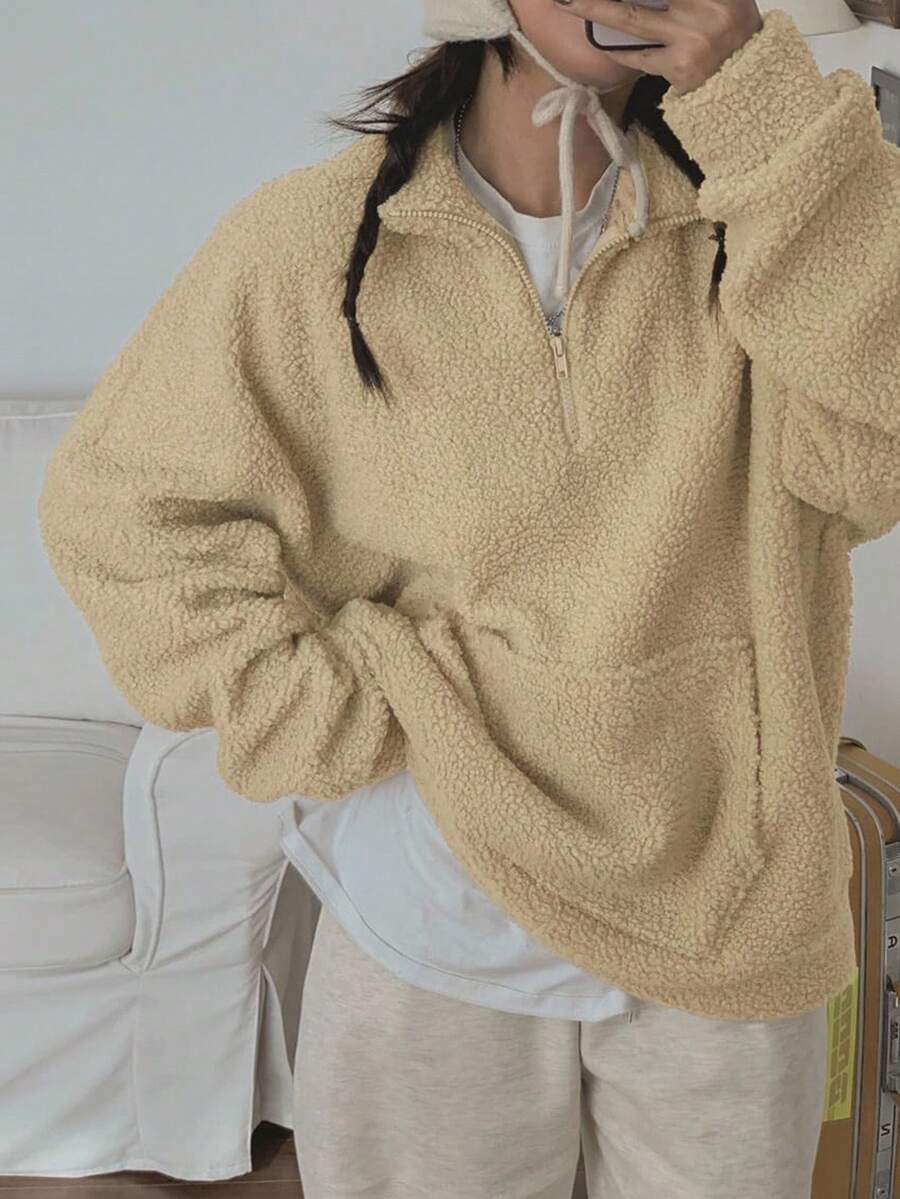 Áo nỉ chui đầu cổ đứng thời trang sang trọng dành cho nữ có khóa kéo nửa - Màu Khaki - Xem 1