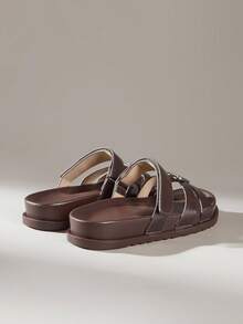 Solecia 2025 Summer New Arrival Women's Fashion H-Shape Black Rivet Platform Hook And Loop Soft Bottom Sandals, Closure, Versatile Non-Slip Open Toe Flat Sandals - Brown - View 4